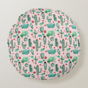 cactus and ladybug pattern - light pink background round pillow