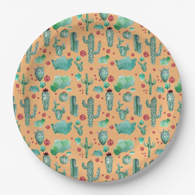cactus and ladybug pattern - orange background paper plates (Front)