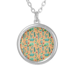 cactus and ladybug pattern - orange background silver plated necklace