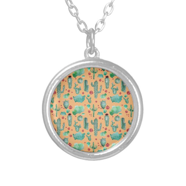 cactus and ladybug pattern - orange background silver plated necklace (Front)
