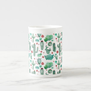 cactus and ladybug pattern - white background bone china mug