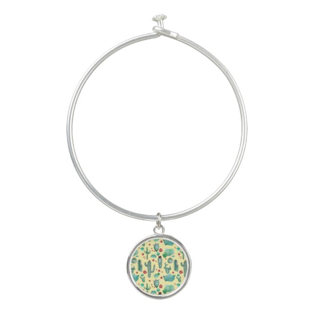 cactus and ladybug pattern - yellow background bangle bracelet (Front)