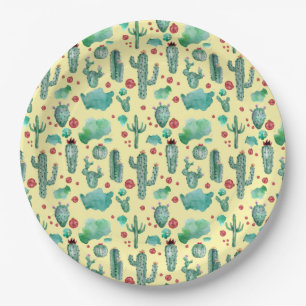 cactus and ladybug pattern - yellow background paper plates