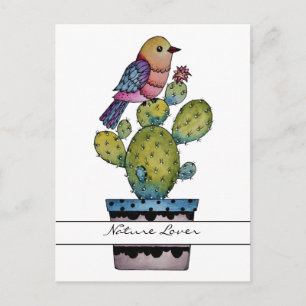 Cactus And Rainbow Bird In Watercolor Postcard