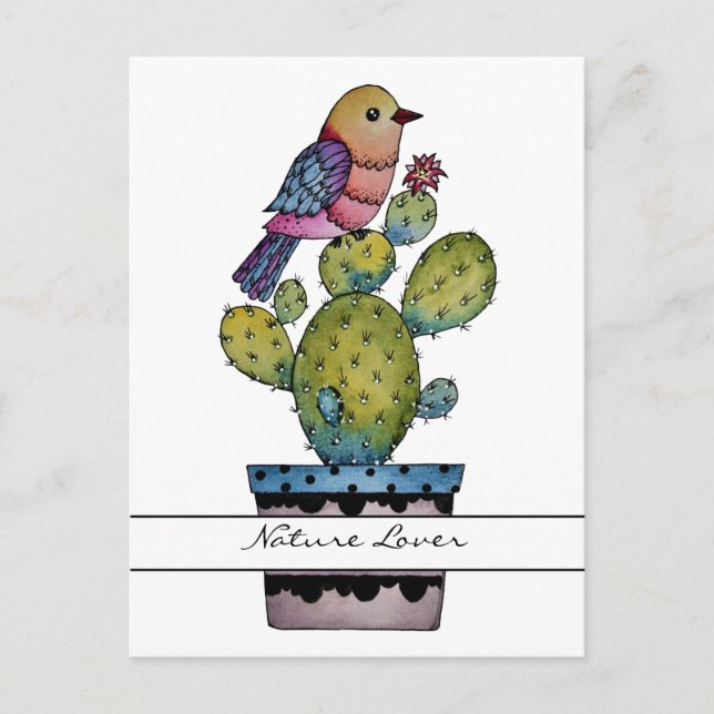 Cactus And Rainbow Bird In Watercolor Postcard (Front)