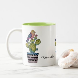 Cactus And Rainbow Bird In Watercolor Two-Tone Coffee Mug