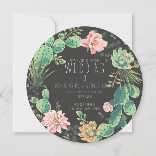 Cactus and Succulent Invitations, Wreath Wedding Invitation (Front)