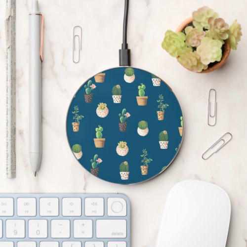 Cactus And Succulent Plant Ocean Blue Background Wireless Charger