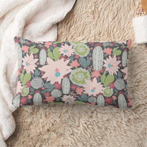 Cactus And Succulent Plants Greens Pinks Blue Lumbar Pillow