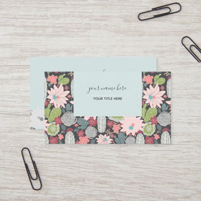 Cactus And Succulent Plants Greens Pinks Pattern Business Card (Front/Back In Situ)