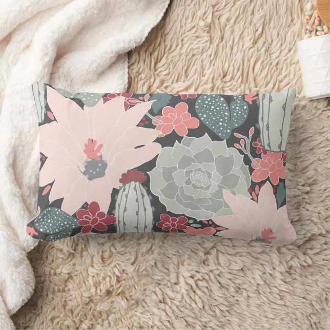 Cactus And Succulent Plants In Pinks Green Pattern Lumbar Pillow (Blanket)