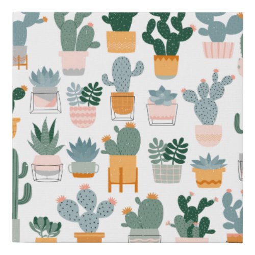 Cactus and succulents in pots on white background faux canvas print