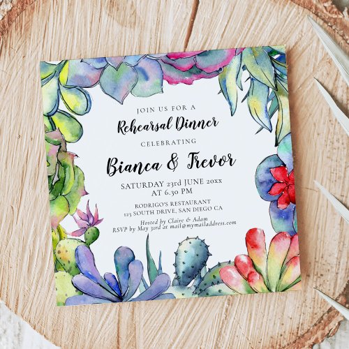 Cactus and succulents watercolor rehearsal dinner invitation