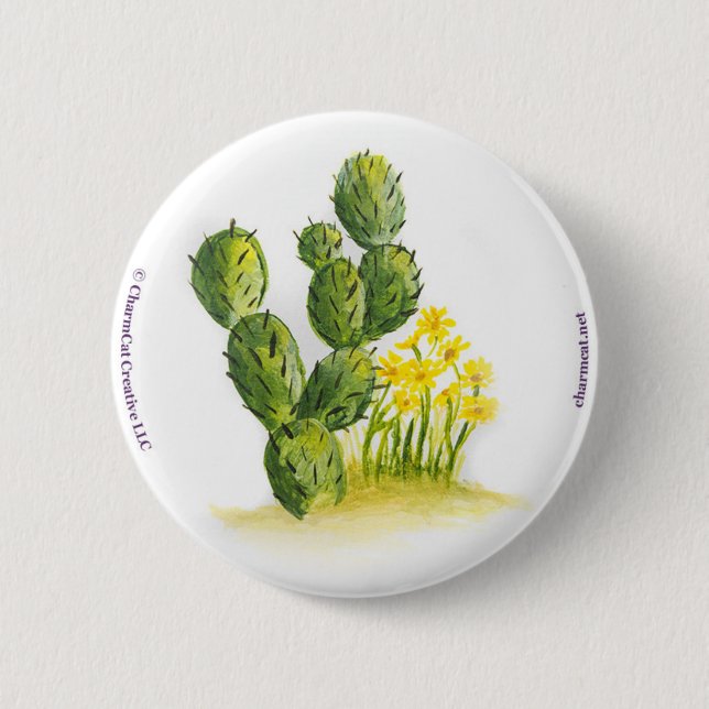Cactus and Yellow Flowers Pin Back Button (Front)
