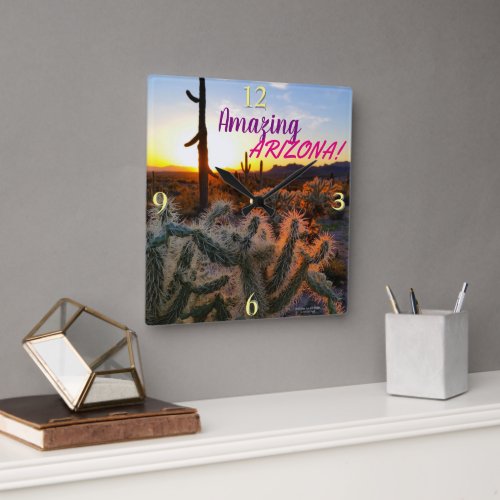 Cactus Arizona Sunset in Superstition Wilderness Square Wall Clock