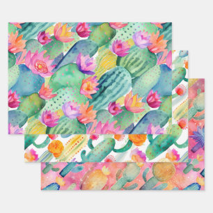 Cactus Art Combo Green White Pink Desert Southwest Wrapping Paper Sheets