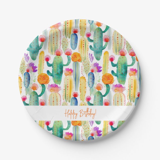 Cactus Art Desert Southwest Happy Birthday Fun Paper Plates (Front)