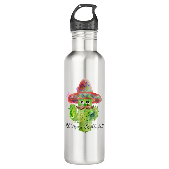 Cactus Art Fiesta Mustache Hat LOCATION Text Fun Stainless Steel Water Bottle (Front)