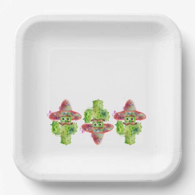 Cactus Art Mustache Hat Fiesta Spanish Fun Paper Plates (Front)