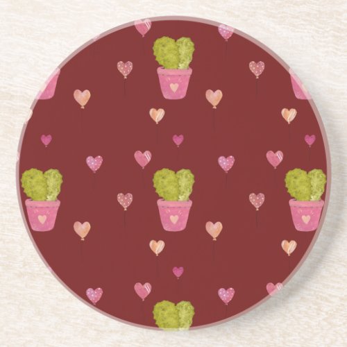 Cactus balloon pink cute pattern a watercolor red coaster