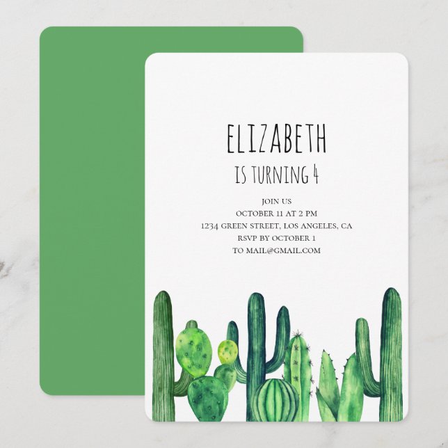 Cactus birthday party invitation. Green cacti Invitation (Front/Back)