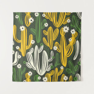 Cactus Black Background Vintage Pattern Tapestry