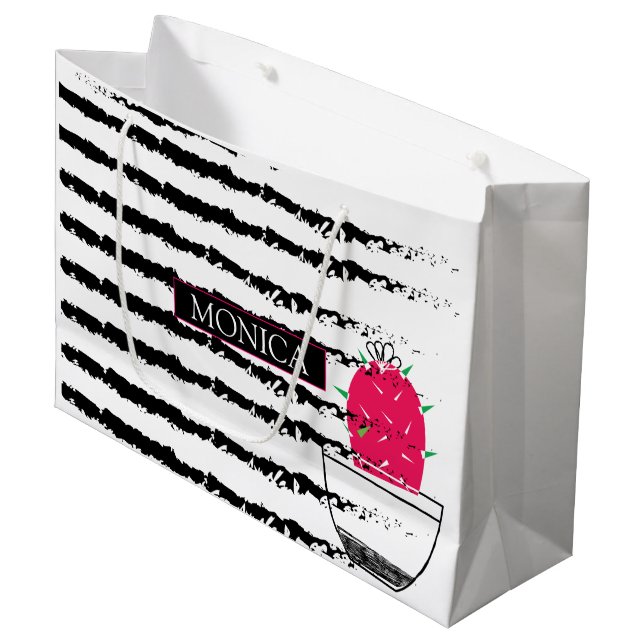 Cactus black white pattern monogram large gift bag (Front Angled)