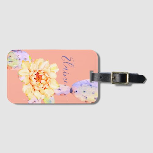 Cactus bloom desert flower watercolor peach purple luggage tag