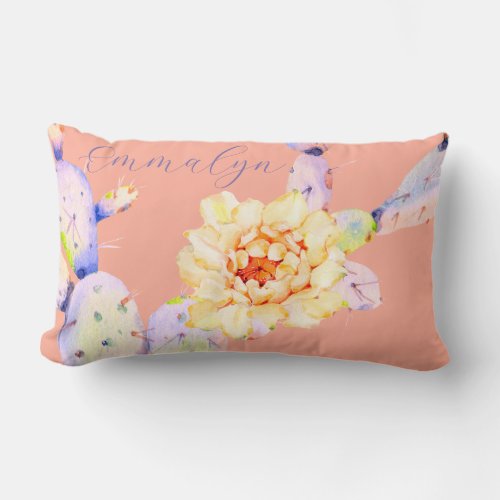 Cactus bloom desert flower watercolor peach purple lumbar pillow