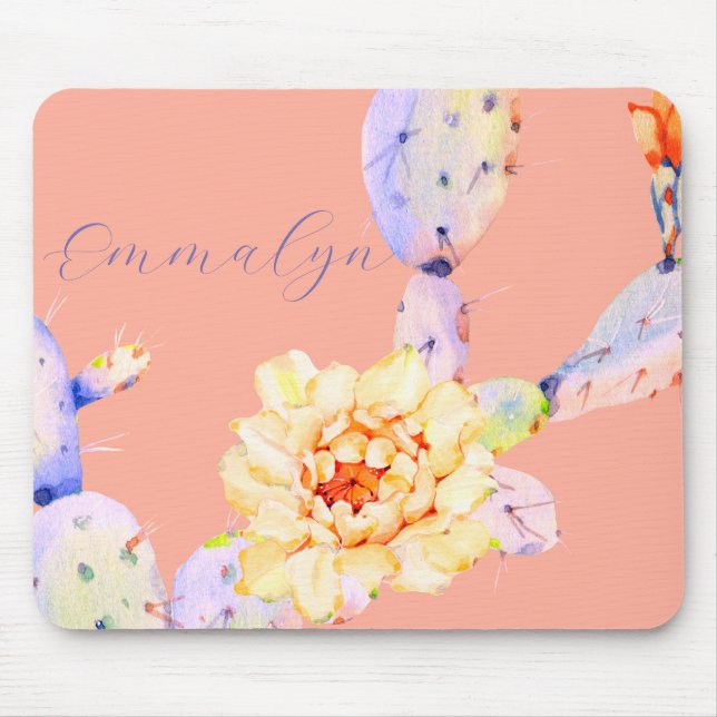 Cactus bloom desert flower watercolor peach purple mouse pad (Front)