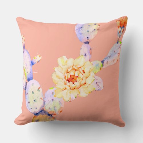 Cactus bloom desert flower watercolor peach purple throw pillow