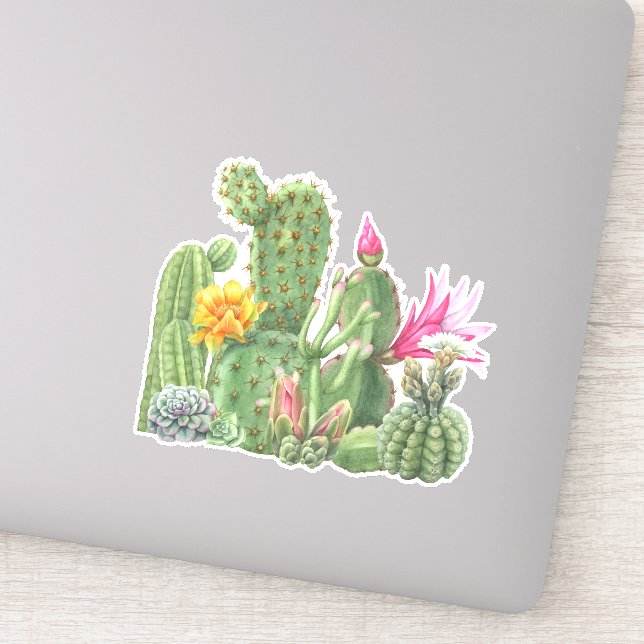 Cactus Blooming Garden Watercolor Southwest Desert Sticker (Detail)