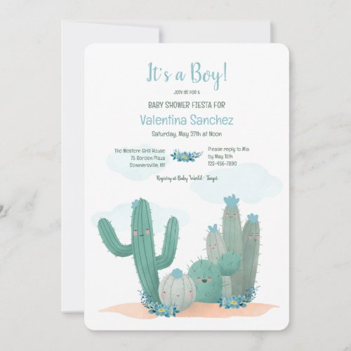 Cactus Blooms Blue Baby Shower Invitation