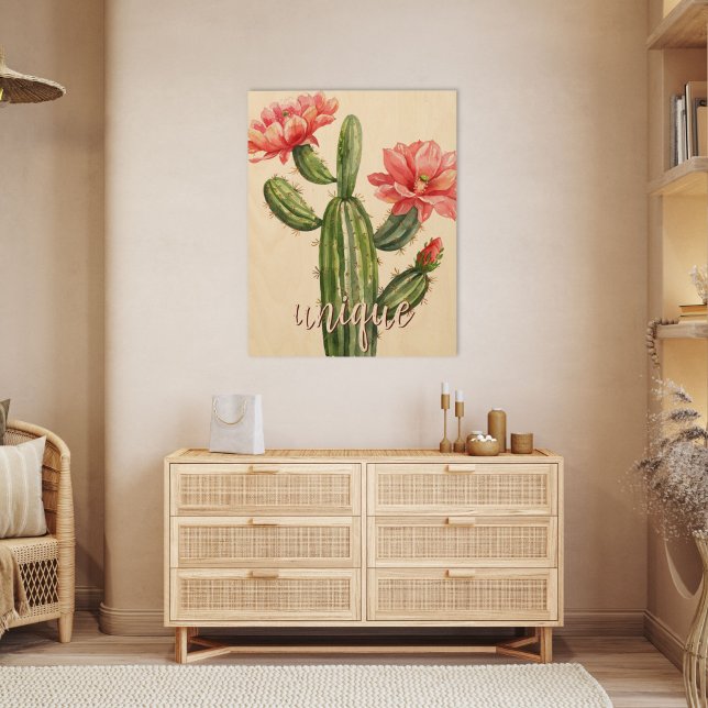Cactus Blossom Watercolor Unique Desert Wood Wall Art (Inspirational Cactus Watercolor blossom unique desert wood wall art collection)