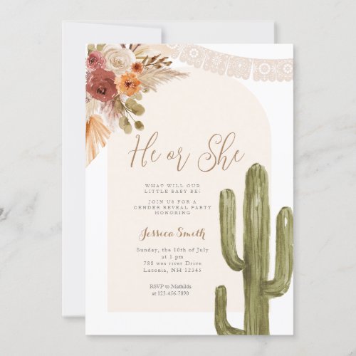 Cactus Bohemian Floral He or She Gender Reveal  Invitation