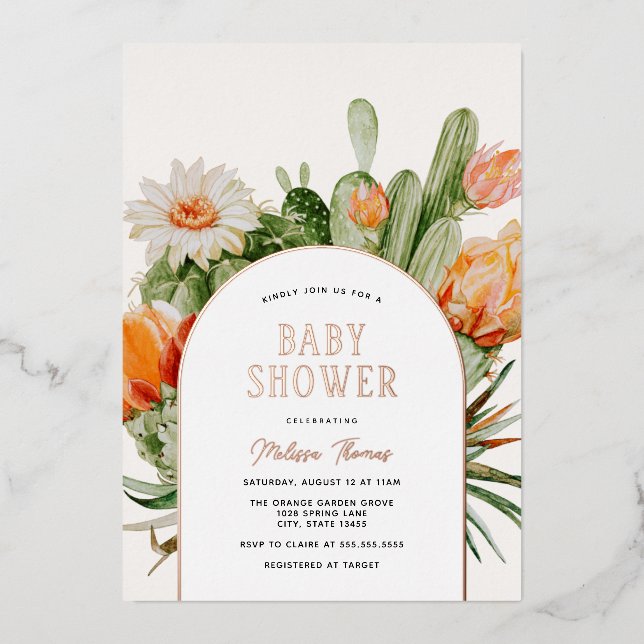 Cactus Boho Baby Shower Foil Invitation (Front)
