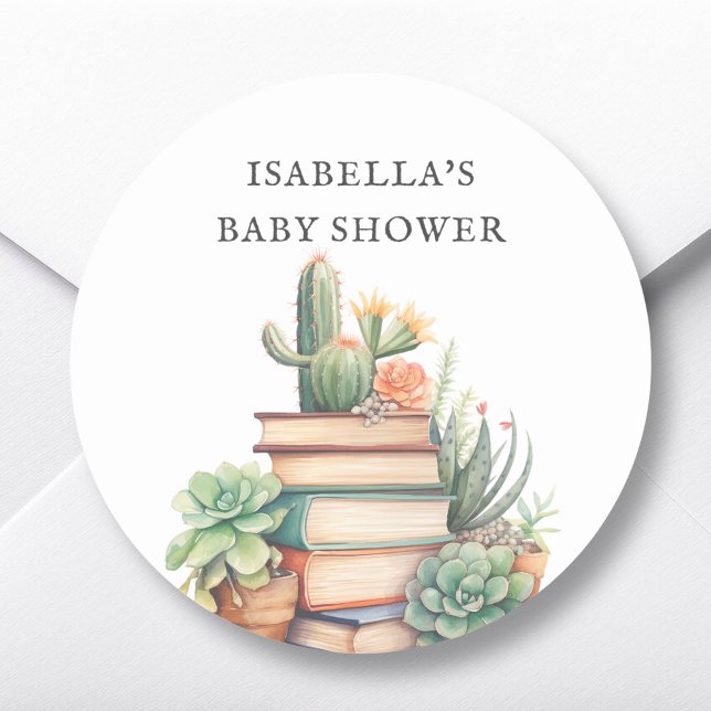 Cactus Book Themed Baby Shower Favor Classic Round Sticker (Creator Uploaded)