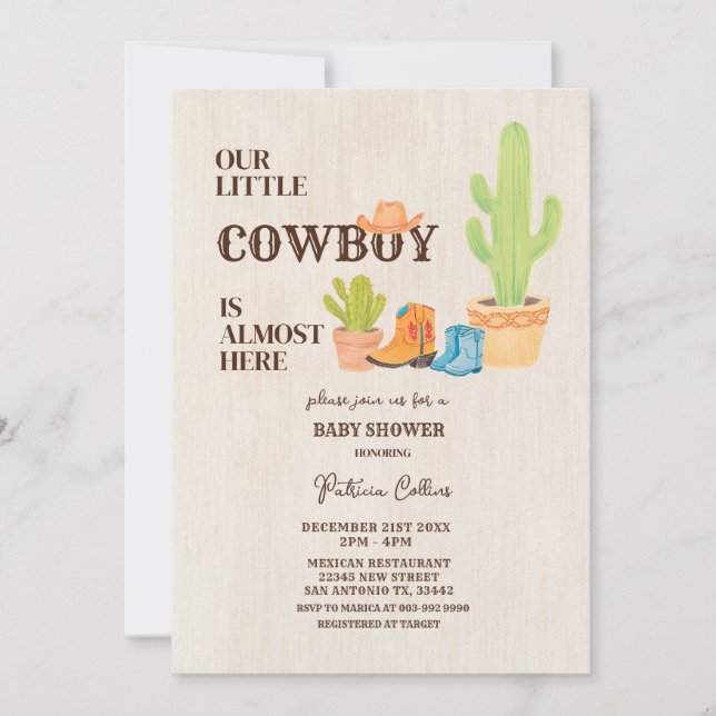 Cactus Boot Our Little Cowboy Rodeo Baby Shower  Invitation (Front)