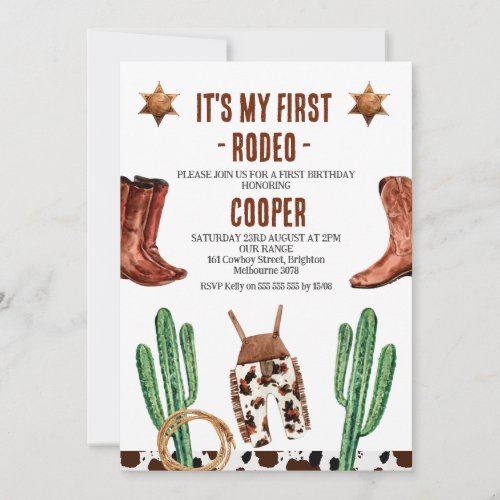 Cactus Boots My First Rodeo 1st Birthday Invitation
