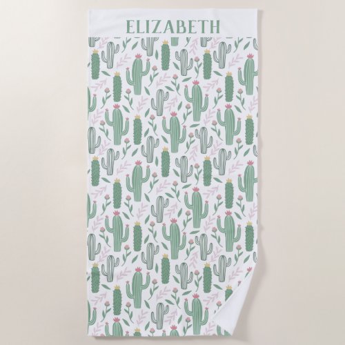 Cactus botanical pattern personalized beach towel