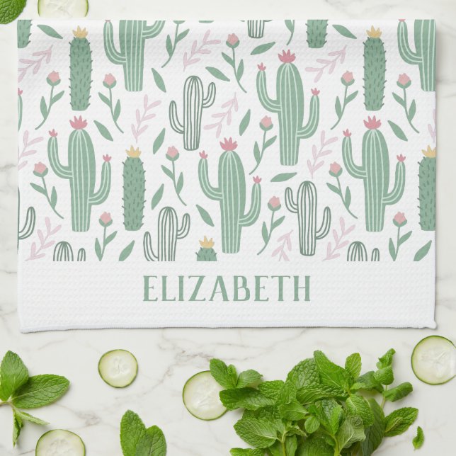 Cactus botanical pattern personalized kitchen towel (Folded)