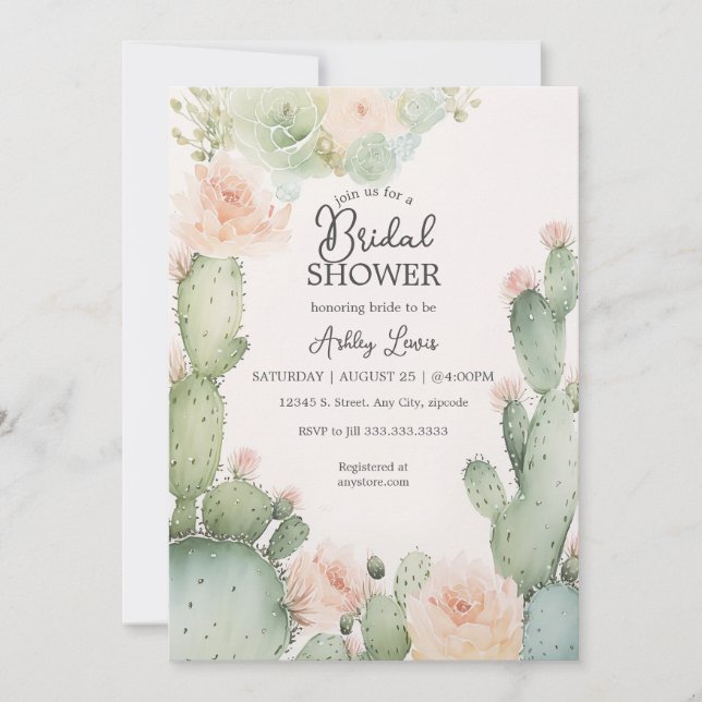Cactus Bridal Boho Flowers Greenery Invitation (Front)
