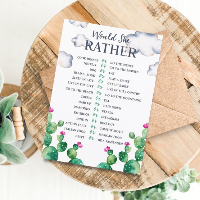 Cactus Bridal Shower Would She Rather Game Card (Creator Uploaded)