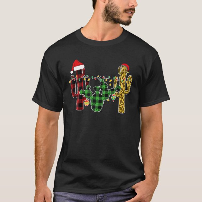 Cactus Buffalo Plaid Leopard Christmas Matching T-Shirt (Front)