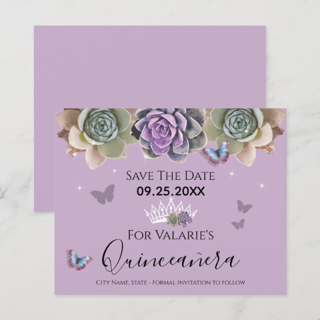 Cactus Butterfly Elegant Quinceanera Save the Date (Front/Back)