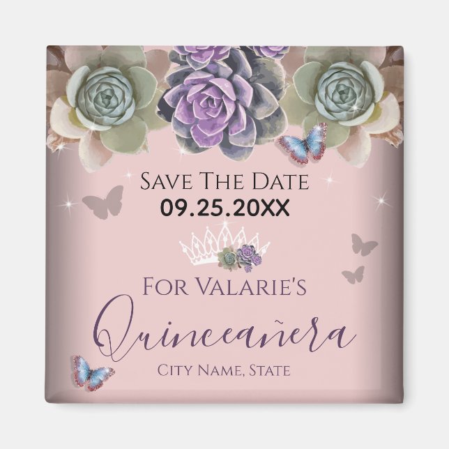 Cactus Butterfly Elegant Quinceanera Save the Date Magnet (Front)