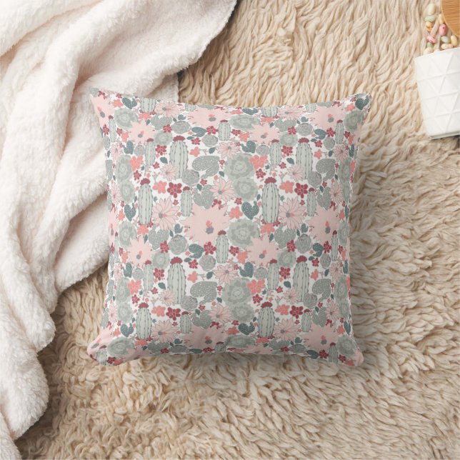 Cactus Cacti Pink Mint Succulents Desert Flowers Throw Pillow (Blanket)
