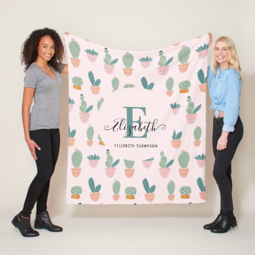 Cactus Cacti Succulent Pink Greenery Monogram Fleece Blanket