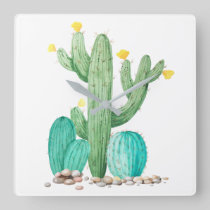 Cactus Cacti Succulent Southwest Desert Watercolor Square Wall Clock