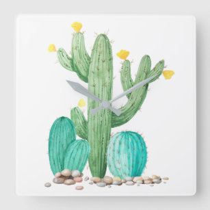 Cactus Cacti Succulent Southwest Desert Watercolor Square Wall Clock